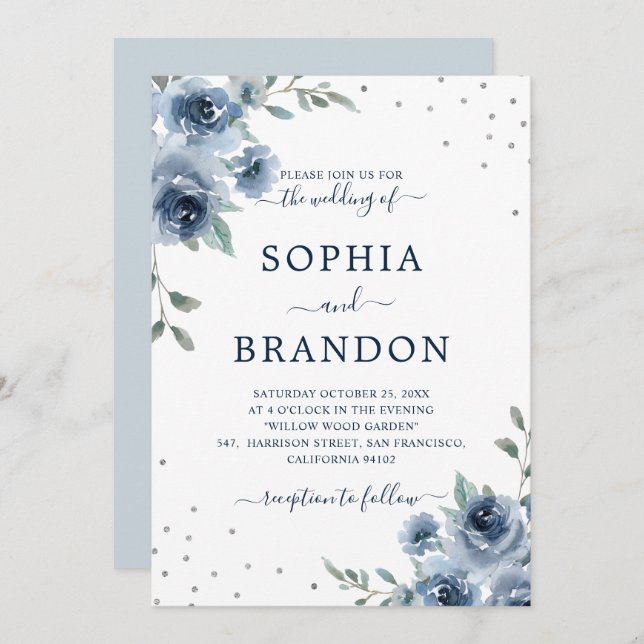 Dusty Blue Slate Floral Botanical Chic Wedding Invitation (Front/Back)