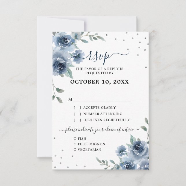 Dusty Blue Slate Floral Botanical Chic Wedding RSVP Card (Front)