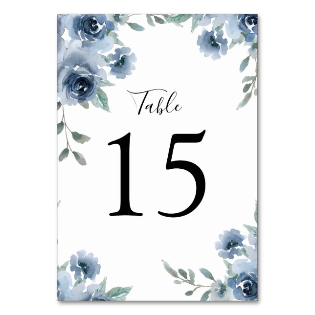 Dusty Blue Slate Greenery Floral Geometric Table Number (Front)