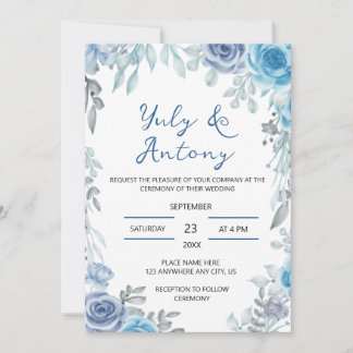 Dusty Blue Slate Grey Watercolor Floral Wedding Invitation