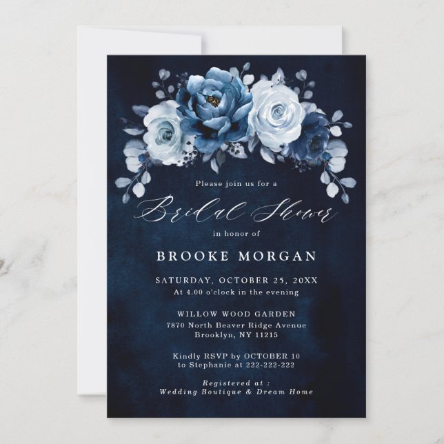 Dusty Blue Slate Navy Botanical Bridal Shower Invi Invitation (Front)