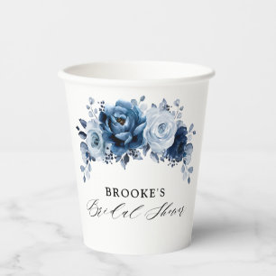 Dusty Blue Slate Navy Botanical Bridal Shower Paper Cups