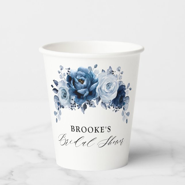 Dusty Blue Slate Navy Botanical  Bridal Shower     Paper Cups (Front)