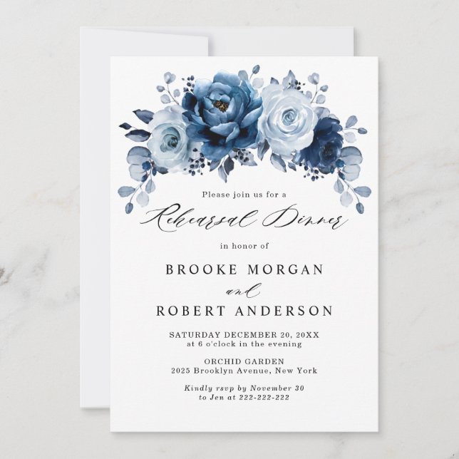 Dusty Blue Slate Navy Botanical Rehearsal Dinner Invitation (Front)