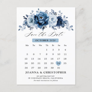 Dusty Blue Slate Navy  Botanical Save the Date Postcard