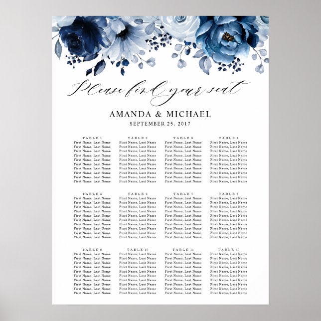 Dusty Blue Slate Navy Botanical Seating chart (Front)