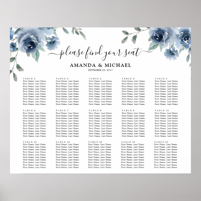 Dusty blue slate navy Botanical Seating Chart (Front)