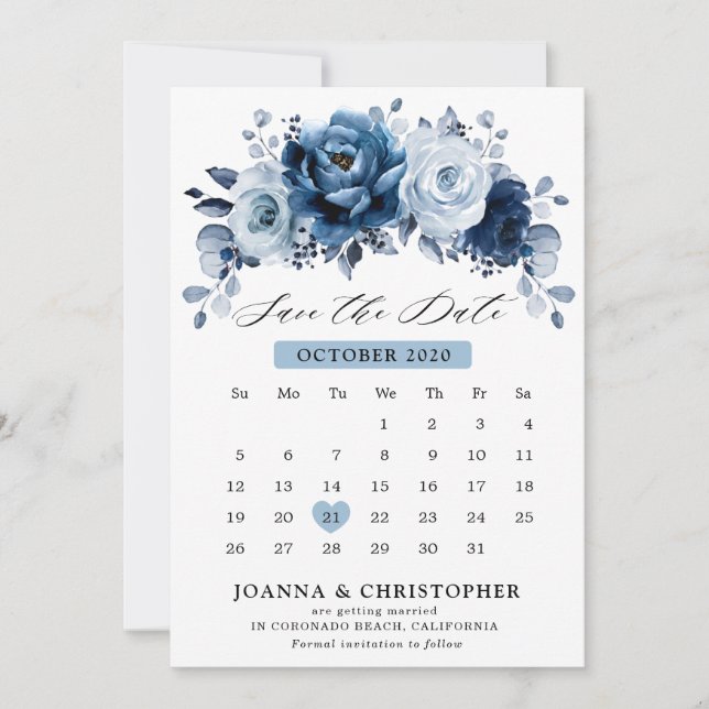 Dusty Blue Slate Navy Floral Botanical Calendar Save The Date (Front)