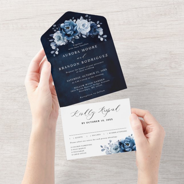 Dusty Blue Slate Navy Floral Botanical Wedding All In One Invitation (Tearaway)