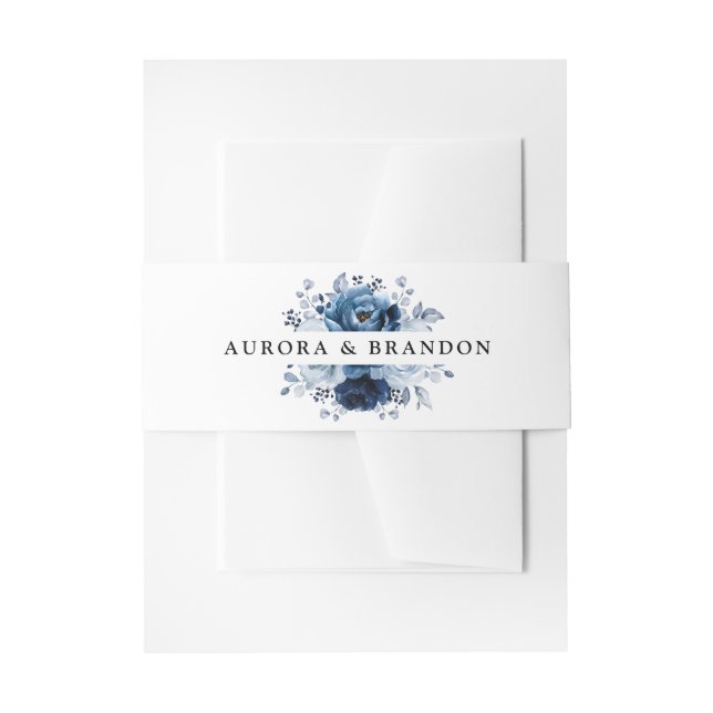 Dusty Blue Slate Navy Floral Botanical Wedding Invitation Belly Band (Front Example)