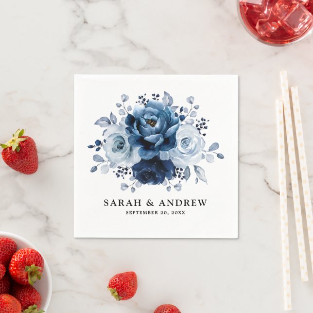 Dusty Blue Slate Navy Floral Botanical Wedding Napkin (Insitu)