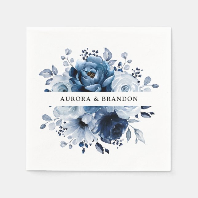 Dusty Blue Slate Navy Floral Botanical Wedding Napkin (Front)