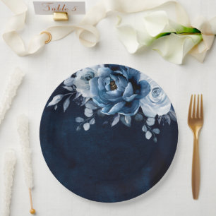 Dusty Blue Slate Navy Floral Botanical Wedding Pap Paper Plate