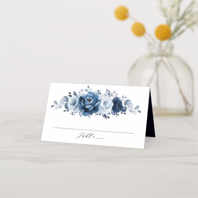 Dusty Blue Slate Navy Floral Botanical Wedding Place Card (Front)