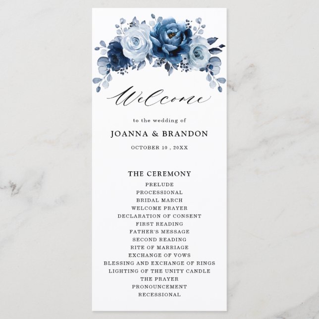 Dusty Blue Slate Navy Floral Botanical Wedding Program (Front)