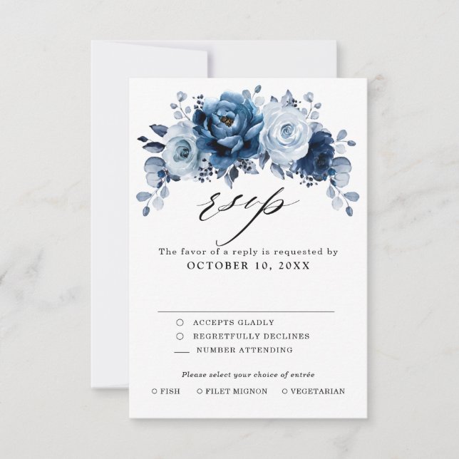 Dusty Blue Slate Navy Floral Botanical Wedding RSVP Card (Front)