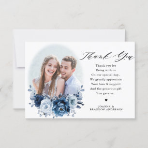 Dusty Blue Slate Navy Floral Botanical Wedding Thank You Card