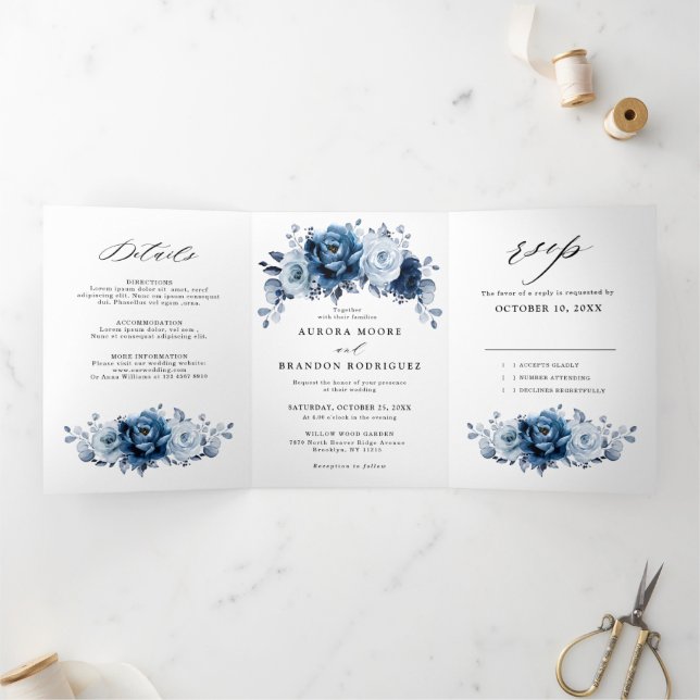 Dusty Blue Slate Navy Floral Botanical Wedding Tri-Fold Announcement (Inside)