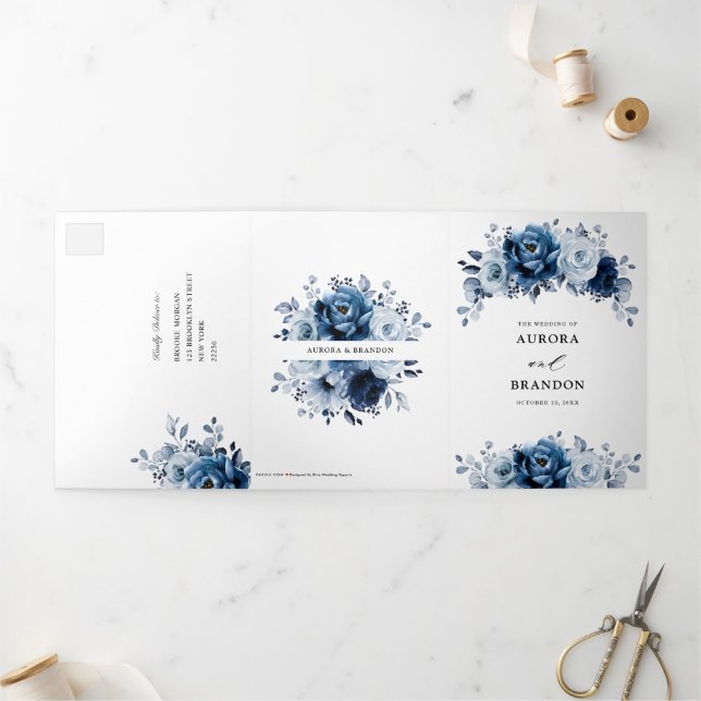 Dusty Blue Slate Navy Floral Botanical Wedding Tri Tri-Fold Announcement (Outside)
