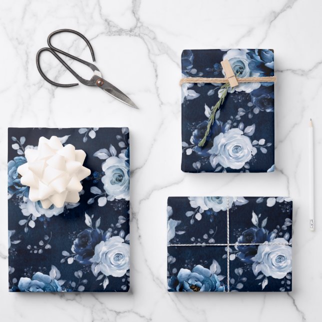 Dusty Blue Slate Navy Floral Botanical Wedding Wra Wrapping Paper Sheet (Front)
