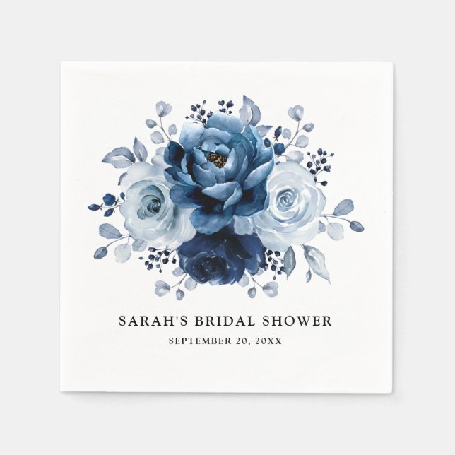 Dusty Blue Slate Navy Floral Bridal Shower Napkin (Front)