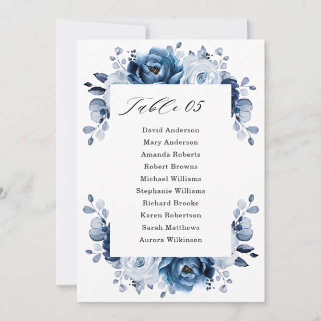 Dusty Blue Slate Navy Floral Seating Chart Invitation (Front)