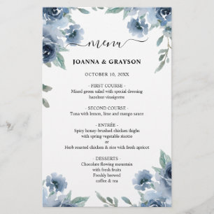 Dusty Blue Slate Navy Floral Wedding Menu
