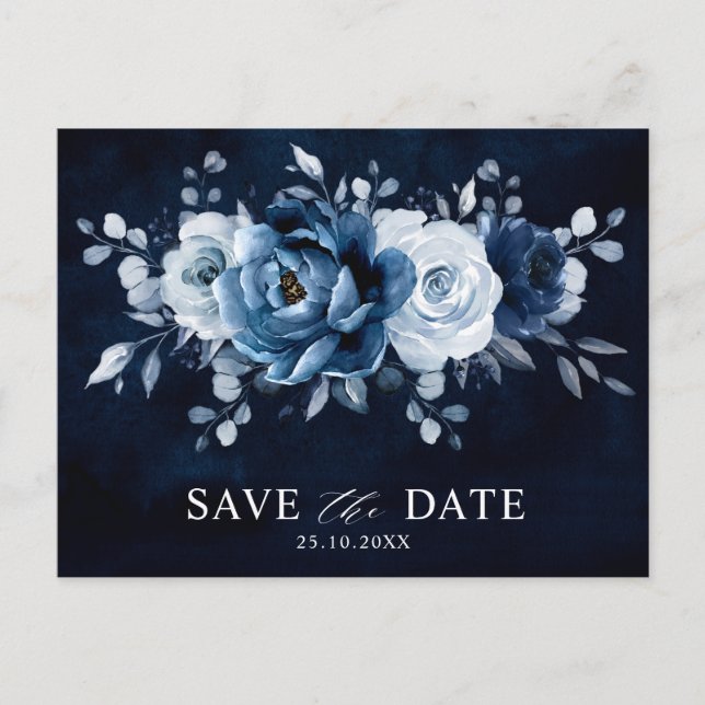 Dusty Blue Slate Navy Floral Wedding Save the Date Postcard (Front)
