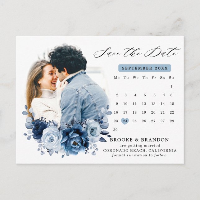 Dusty Blue Slate Navy Floral Wedding Save the Date Postcard (Front)