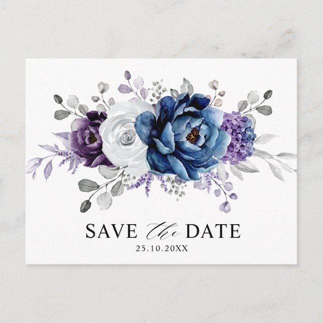 Dusty Blue Slate Navy Floral Wedding Save the Date Postcard (Front)