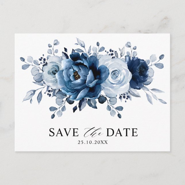 Dusty Blue Slate Navy Floral Wedding Save the Date Postcard (Front)