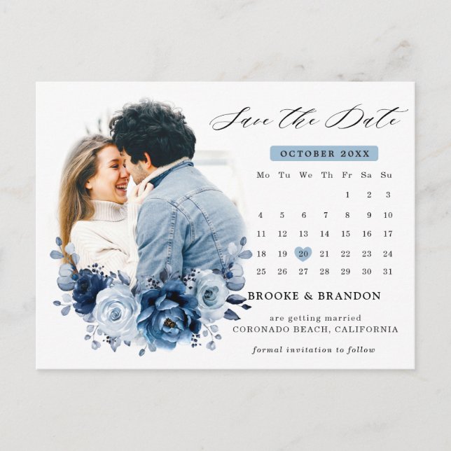 Dusty Blue Slate Navy Floral Wedding Save the Date Postcard (Front)