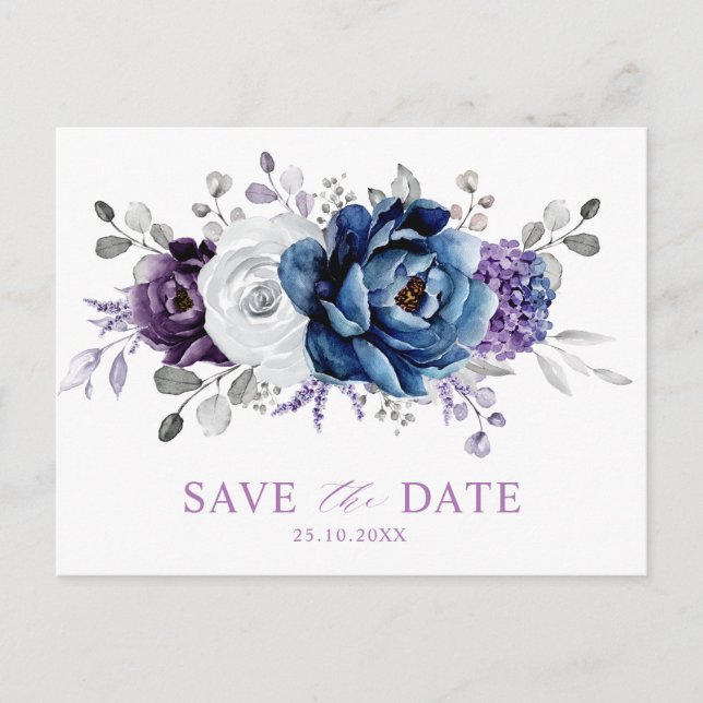 Dusty Blue Slate Navy Floral Wedding Save the Date Postcard (Front)