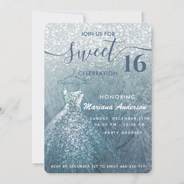 Dusty blue snow winter wonderland sweet 16 invitation (Front)