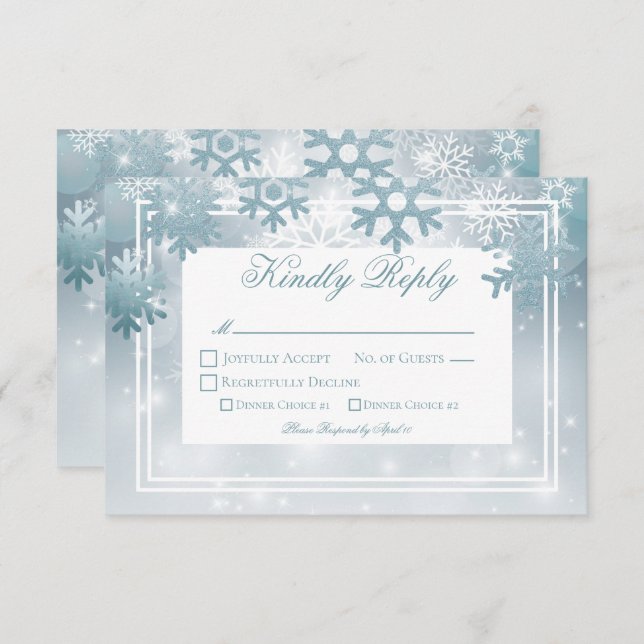 Dusty Blue Snowflake Modern Wedding RSVP Card (Front/Back)