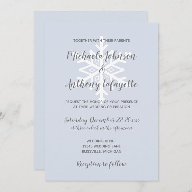 Dusty Blue Snowflake Winter Wedding Invitation (Front/Back)