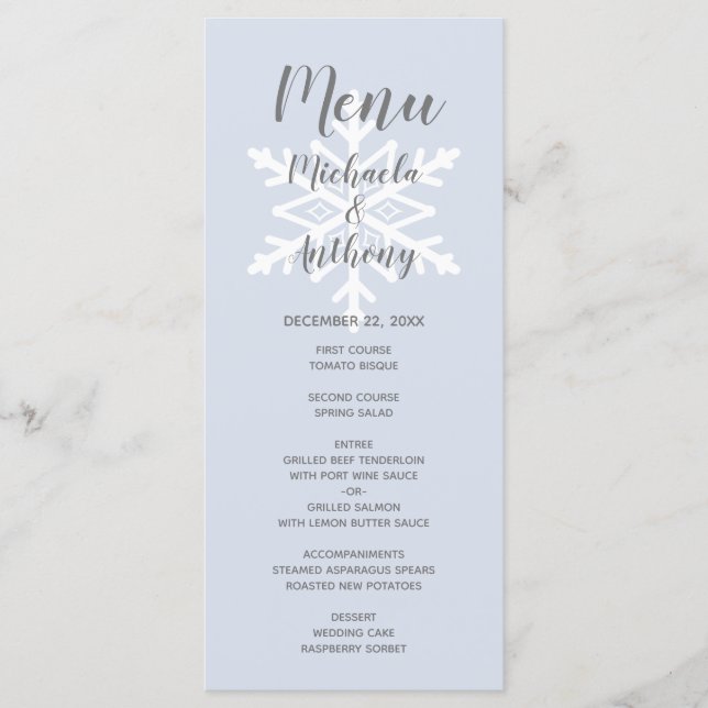 Dusty Blue Snowflake Winter Wedding Menu (Front)