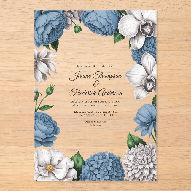 Dusty Blue & Soft Grey Modern Botanical Wedding Acrylic Invitations (Front)