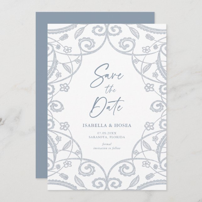 Dusty Blue Soft Silver Glitter Floral Lace Wedding Save The Date (Front/Back)