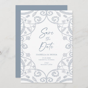Dusty Blue Soft Silver Glitter Floral Lace Wedding Save The Date