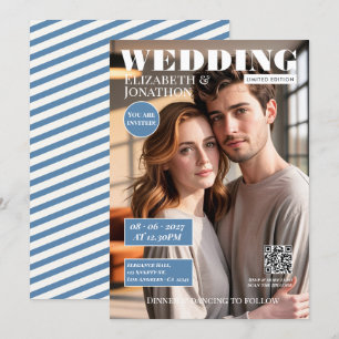 Dusty Blue & Soft White Magazine Wedding Photo Invitation