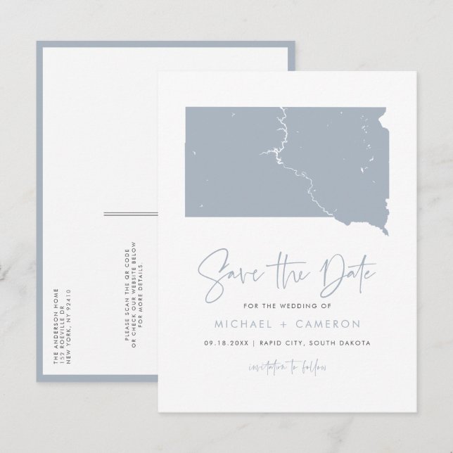 Dusty Blue South Dakota Map QR Code Save the Date Announcement Postcard (Front/Back)