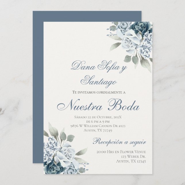 Dusty Blue Spanish Wedding invitation (Front/Back)