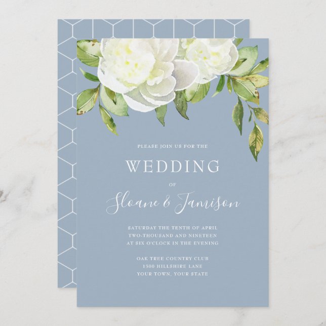 Dusty Blue Spring Floral Peony Wedding Invitation (Front/Back)