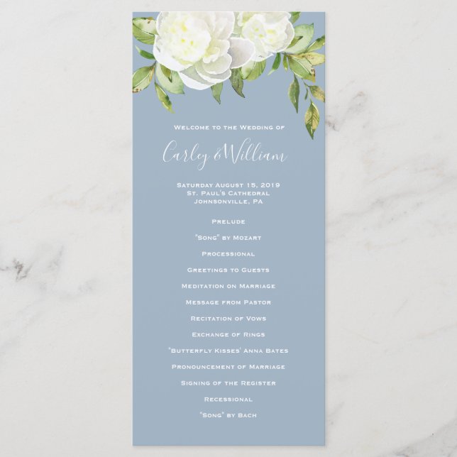 Dusty Blue Spring Floral Peony Wedding Program (Front)