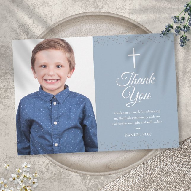 Dusty Blue Stardust First Holy Communion Photo Thank You Card (Creator Uploaded)