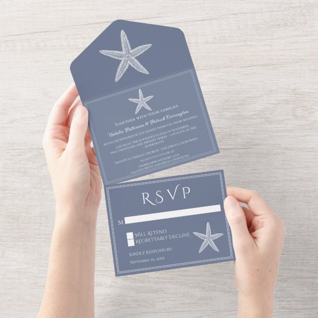 Dusty Blue Starfish Wedding All In One Invitation (Tearaway)