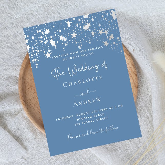 Dusty blue stars elegant script wedding invitation (Creator Uploaded)