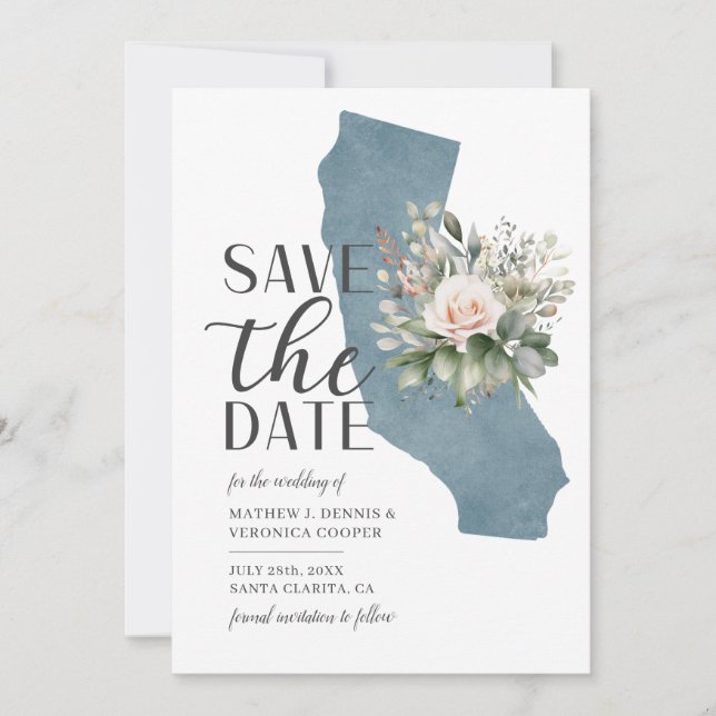 Dusty Blue State California Destination Wedding Save The Date (Front)