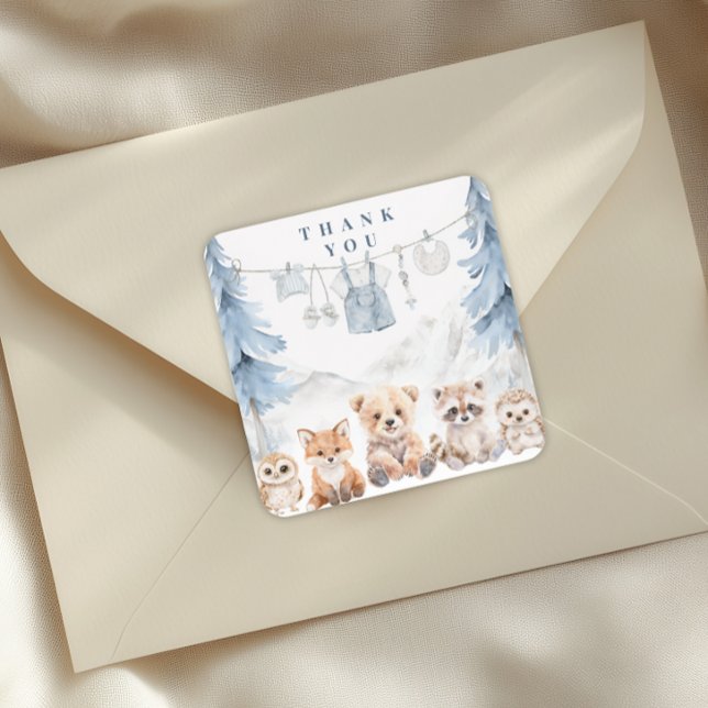 Dusty Blue Storybook Forest Baby Shower Square Sticker (Creator Uploaded)